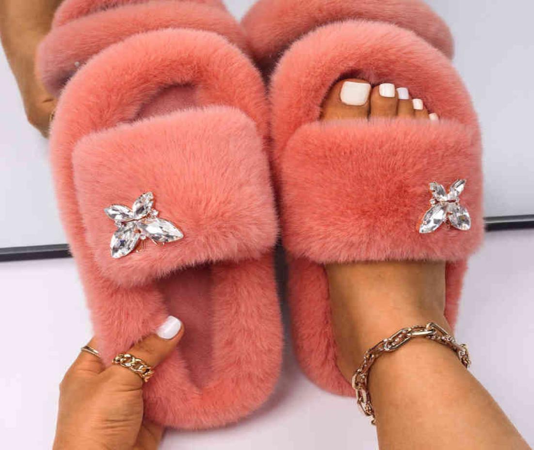

Slippers Fluffy Slippers Rhinestone Butterfly Faux Fur Slides Women Sandals Platform Flip Flops Custom Indoor Luxury Flat Shoes 222420226, Dark brown