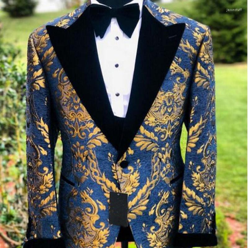

Men' Suits Blue Gold Men Suit Fashion Jacquard Prom 2 Pieces Set Wedding Tuxedo Custom Floral Jacket With Black Pants, Same as picture