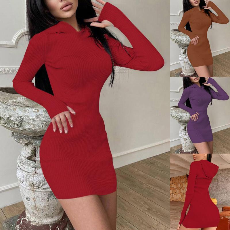 

Casual Dresses Women' Slim Sweatshirts Solid Color Knitted Stretch Long Sleeve Ribbed Lightweight Seamed Mini Sheath Dress With Hood, Khaki