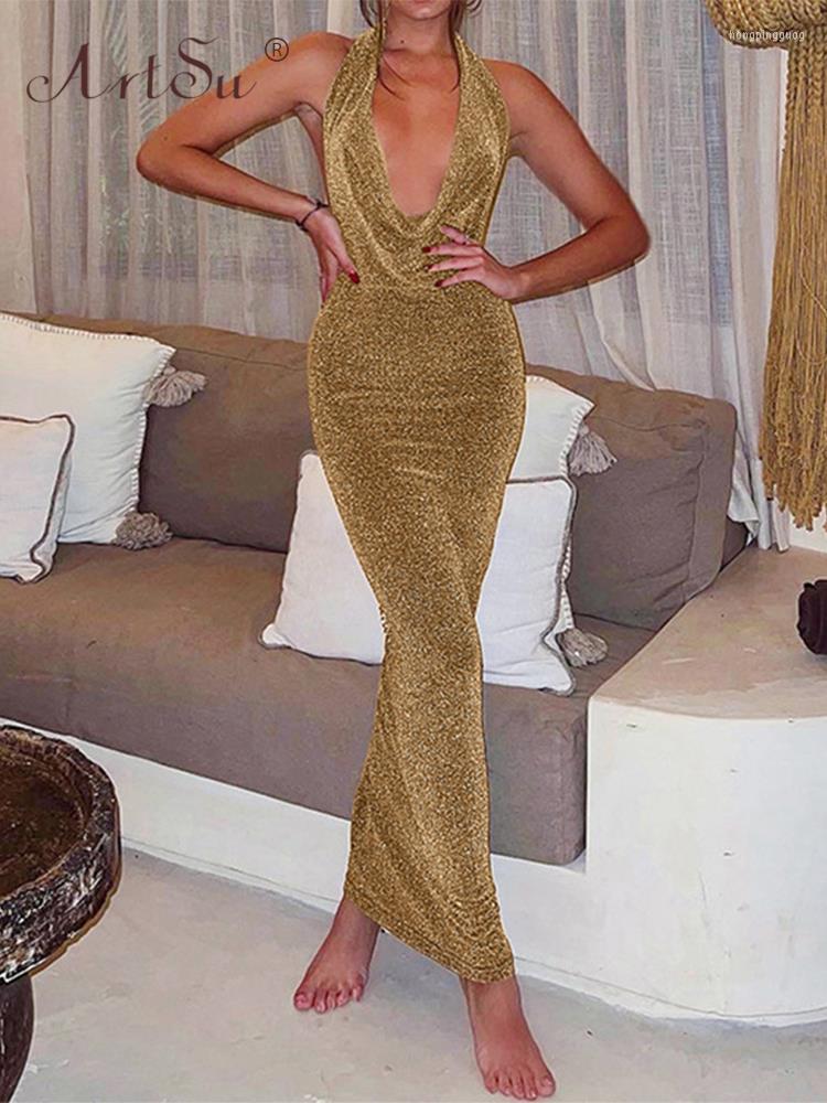 

Casual Dresses Glitter Halter Elegant Dress Women Summer Backless Chain Deep V Skinny Bodycon Elastic Birthday Party Clubwear, Gold