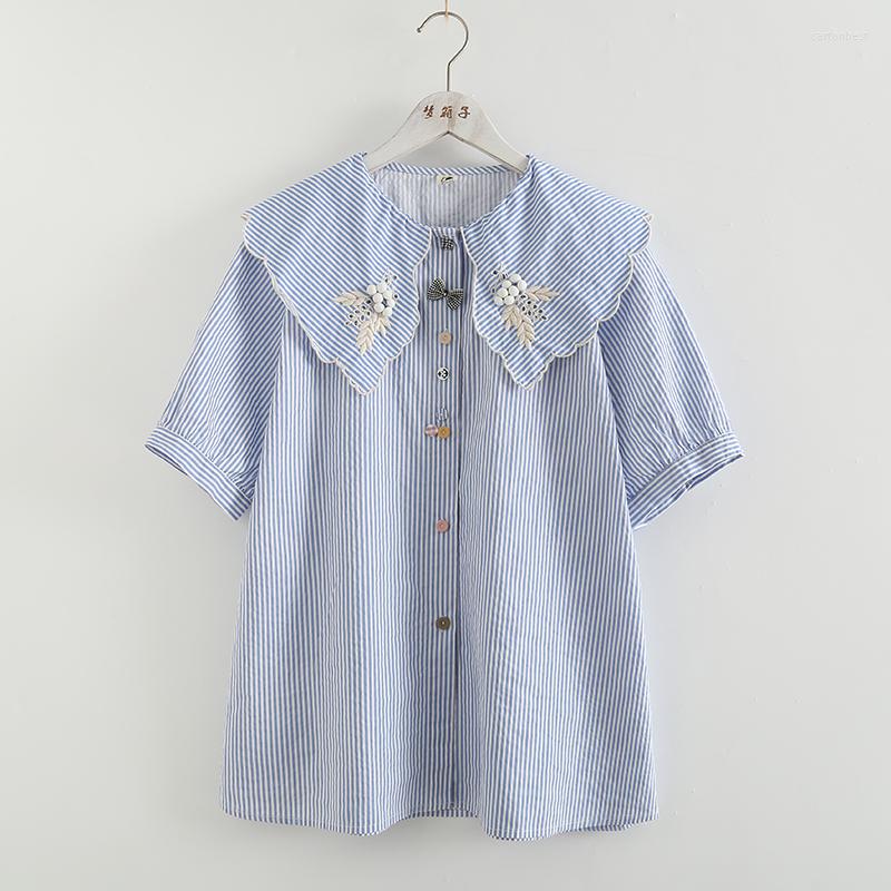 

Women's Blouses Summer 2023 Embroidery Cotton Shirt Short Sleeve Top, Blue