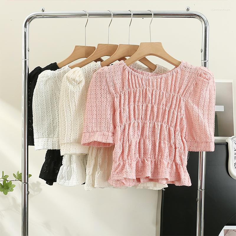 

Women's Blouses Korean Fashion Casual For Women Summer Puff Short Sleeve Pleated Skinny O-neck Femme Crop Shirts Tops Sweet Solid Blusas, Pink