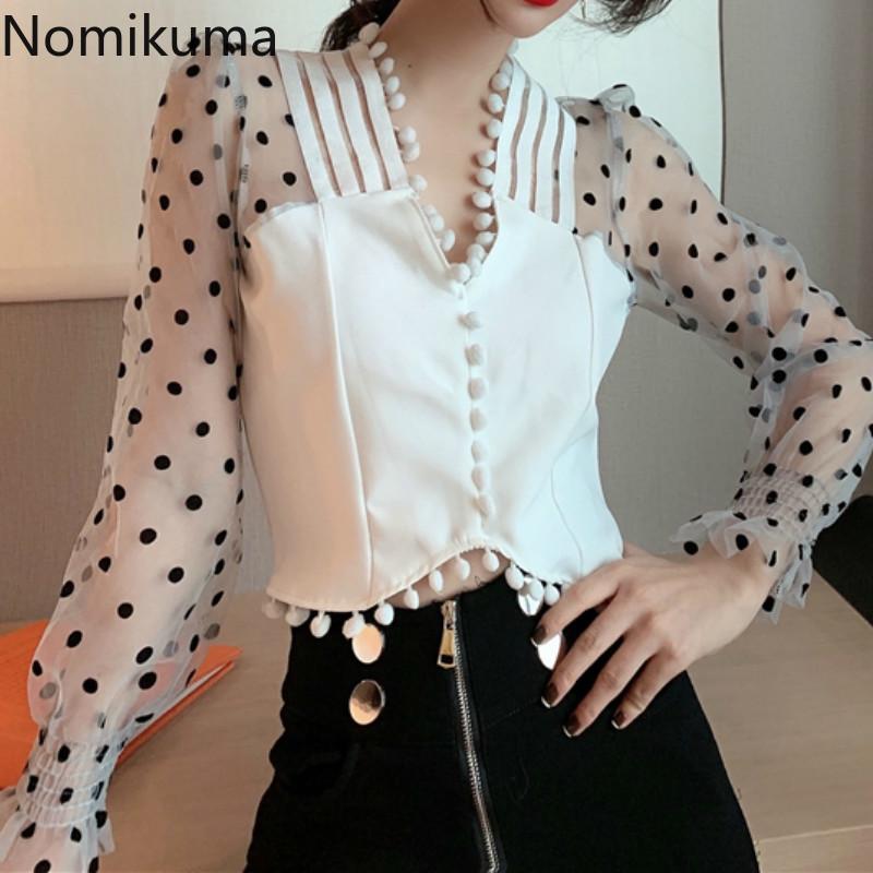 

Women's Blouses & Shirts Nomikuma Arrival Gauze Patchwork Dot Female V Neck Long Sleeve Sexy Blouse See Through Crop Tops Women Blusa 3b010, White blouse