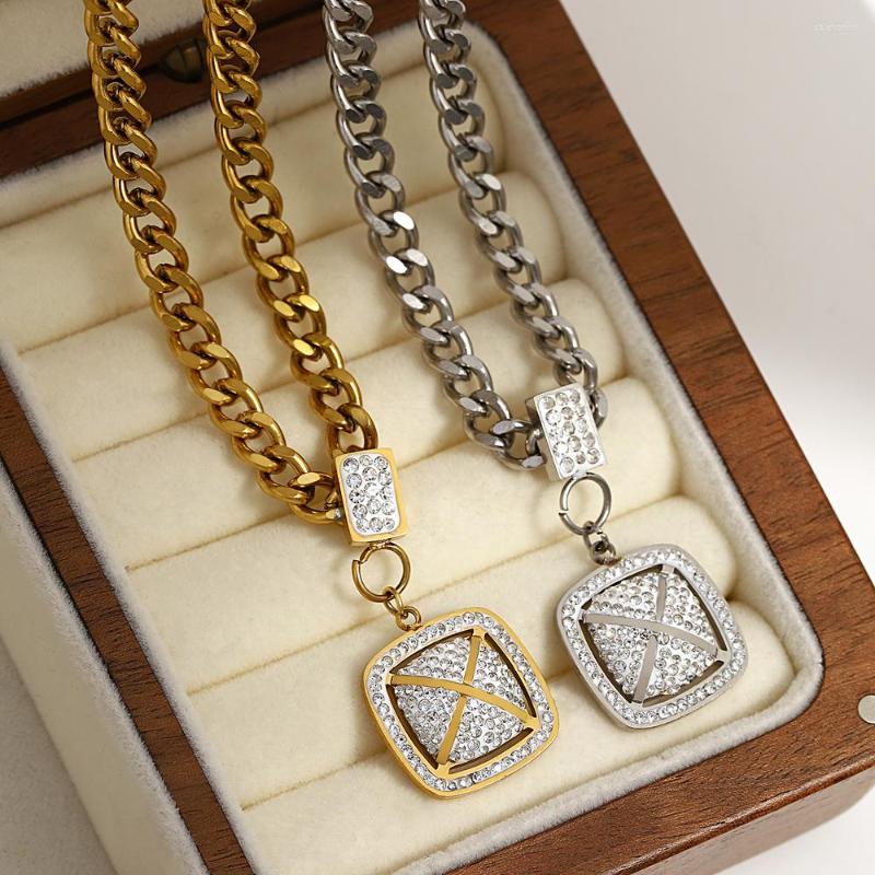 

Chains Greatera Full Rhinestone Square Pendant Stainless Steel Necklaces For Women Gold Plated Metal Chain Necklace Waterproof Jewelry