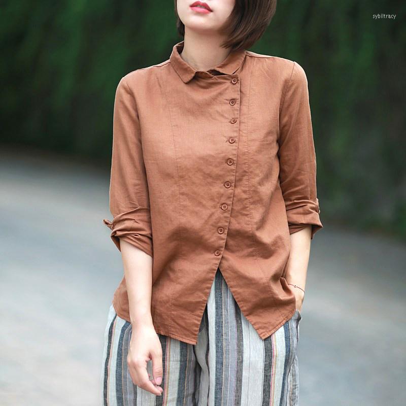 

Women's Blouses Vintage Cotton Linen Women Shirts Solid Turn-Down Collar Button Casual All Match Slim Female Outwear Tops, See chart