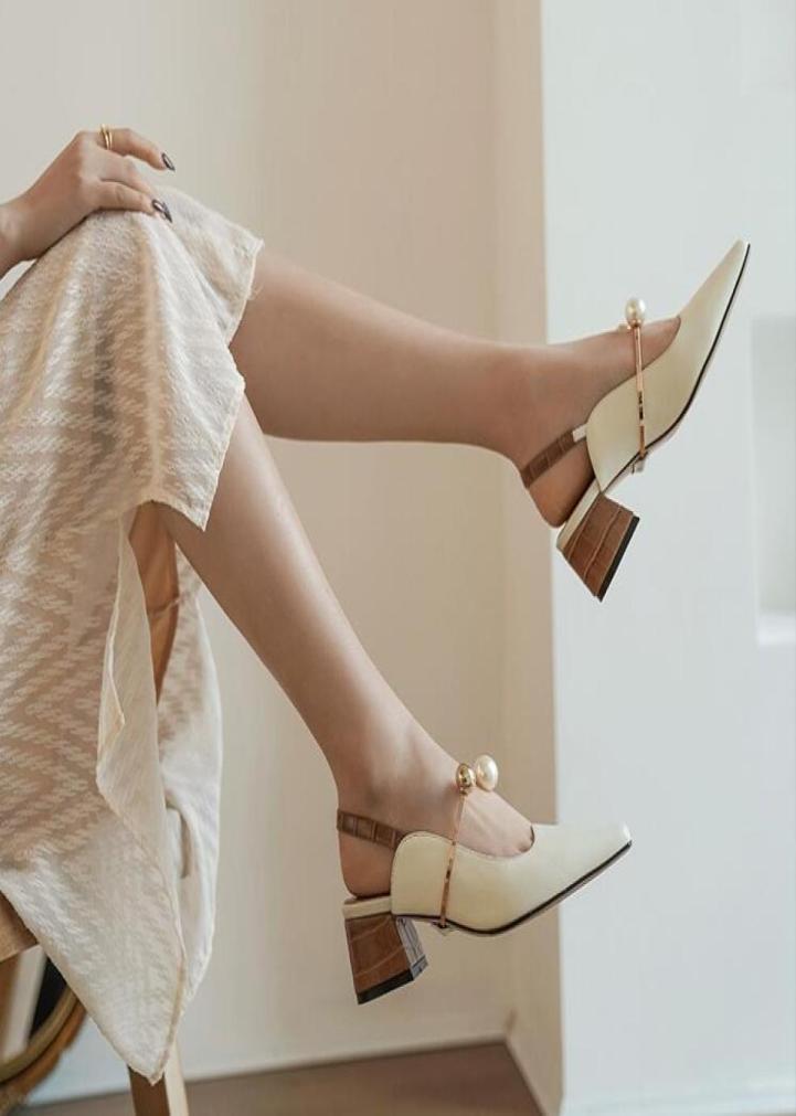 

Fashion Women Pearl Square Toes high heel shoes Genuine Leather Simplicity Shallow mouth chunky heel lady comfort party Single sho4431353, White