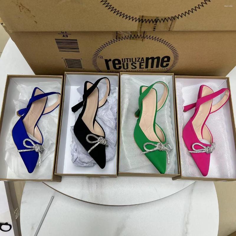 

Sandals Party Shoes For Women 2023 Summer Fashion Rhinestones Bow Pointed Toe High Heeled Woman Sexy Pumps, Green