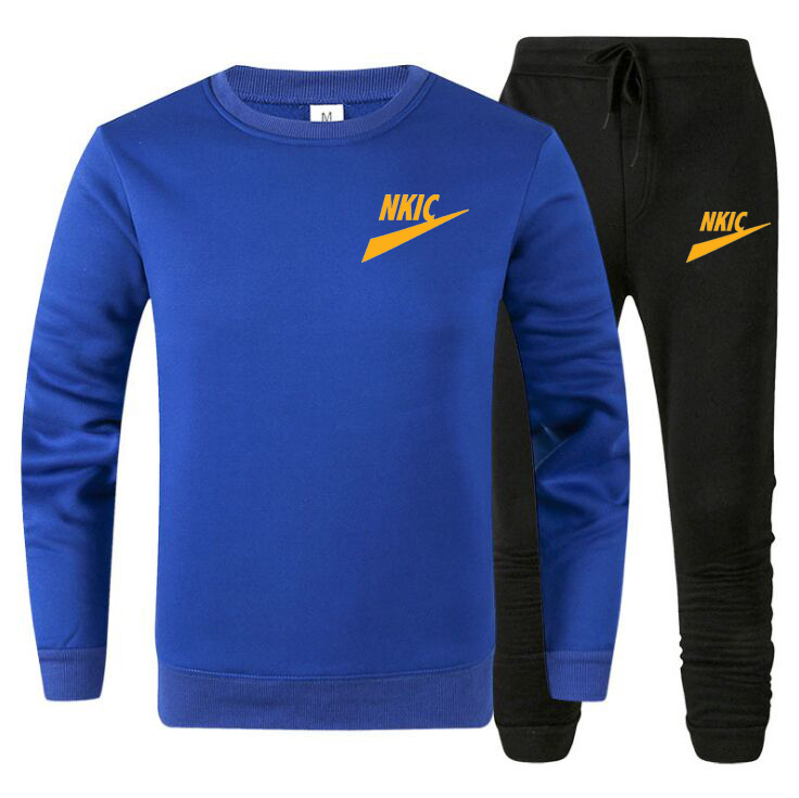 

New Men Fashion Brand Men Sets Tracksuit Autumn New Men's Brand Print Hoodies Sweatpants Two Piece Suit Hooded Casual Sets Male Clothes, Navy blue
