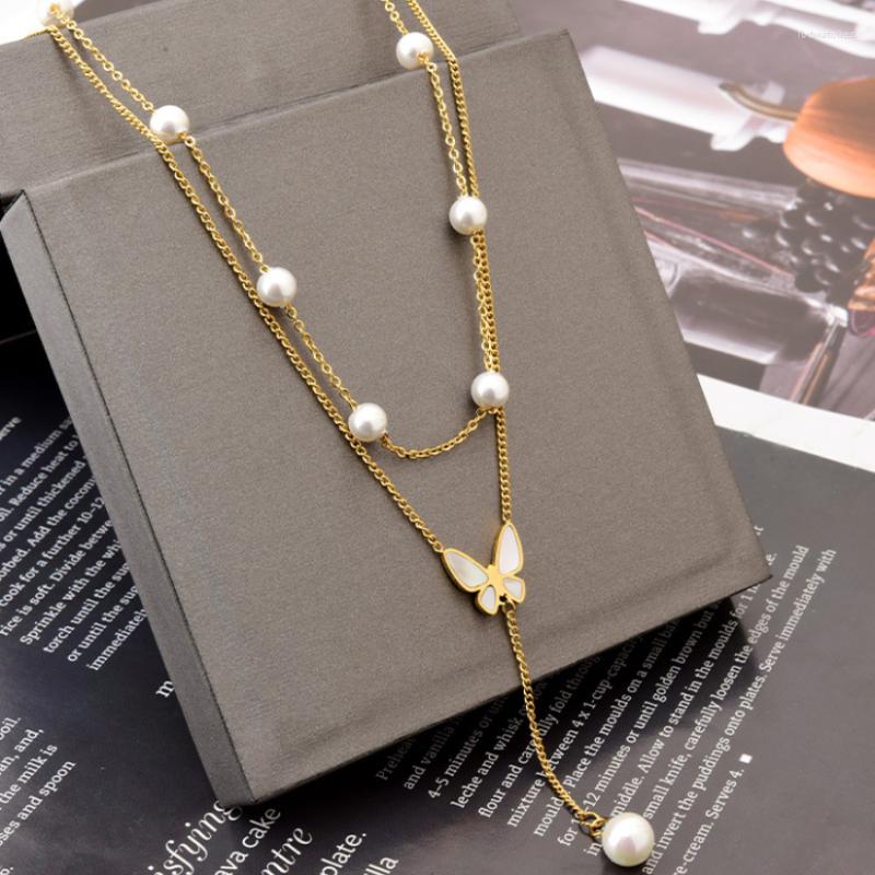 

Pendant Necklaces 316L Stainless Steel Fashion Fine Jewelry 2 Layer Beaded Butterfly Pearl Tassel Charm Chain Choker Pendants For Women