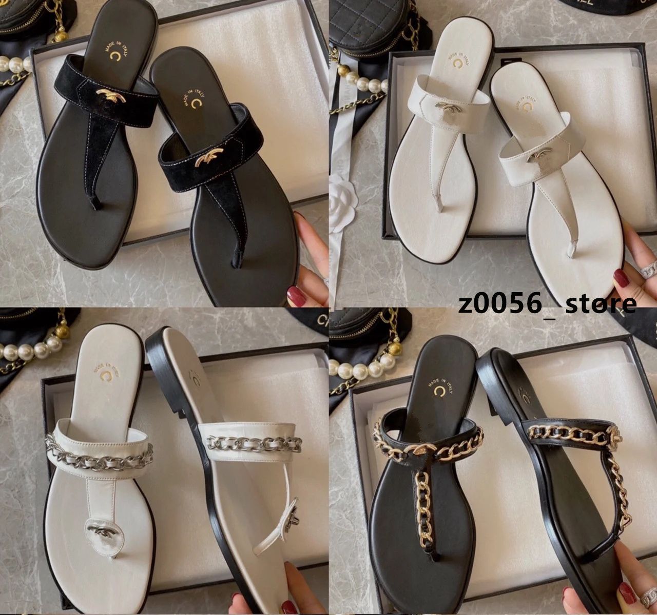

2023 New Summer Sandal Luxury Designer Flip Flops Fashion chain double Flat Beach holiday slippers for Women Vacation Outing Casual Clip Toe Slides c Shoes, C8 high quality