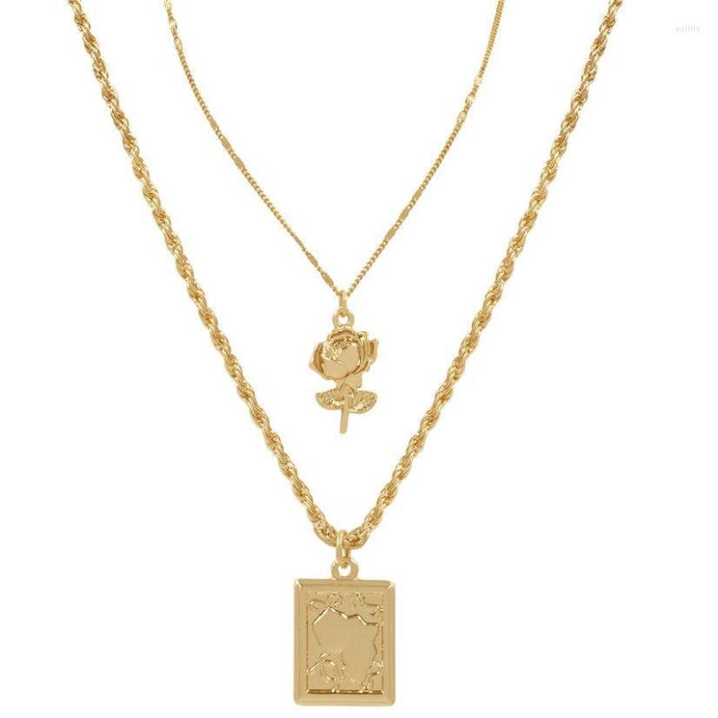 

Chains Copper Double Chain Rose Square Pendant Short Necklace For Woman Korean Fashion Jewelry Gothic Girl's Choker