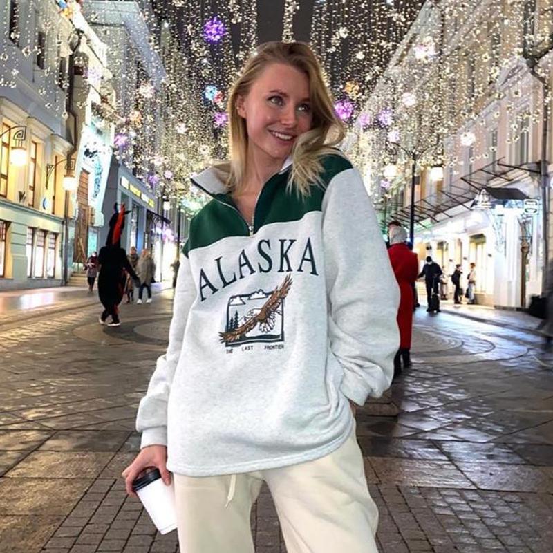

Women's Hoodies Women Sweatshirt Oversized Letter Alaska Fashion Vintage Clothes Polo Collar Casual Pullovers Long Sleeves Warm Aestheti, Blue