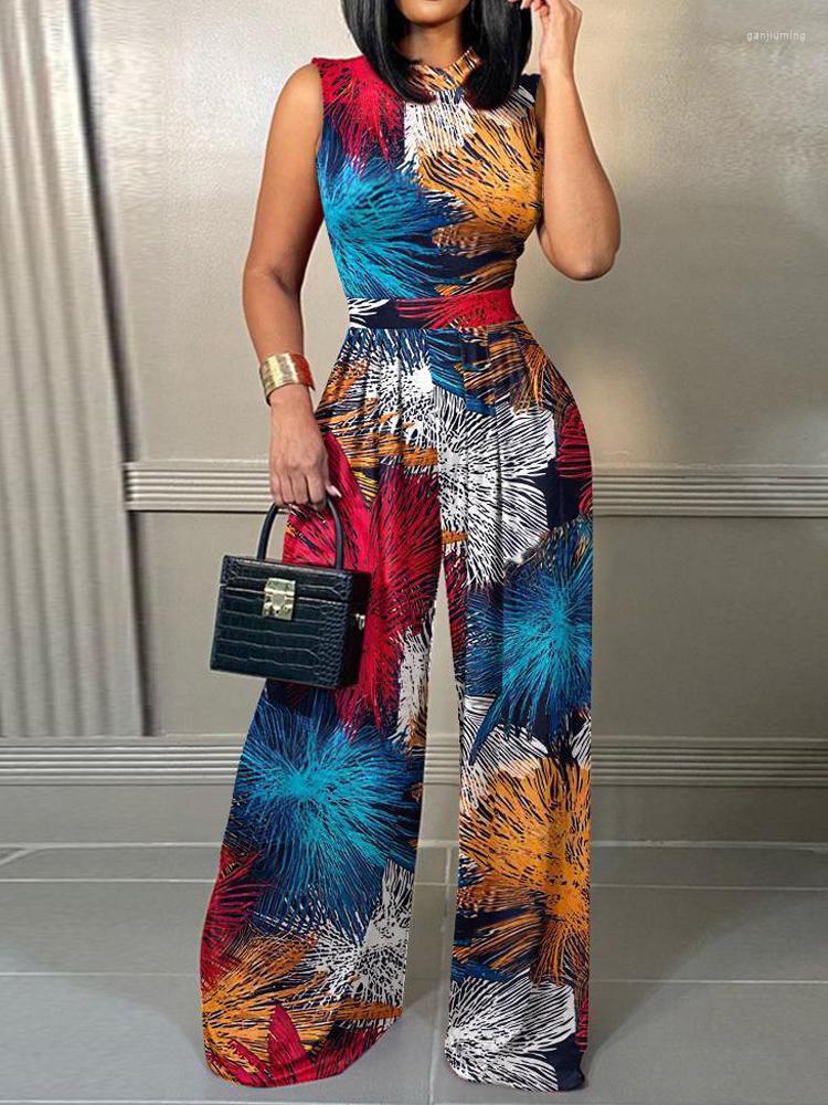 

Women's Two Piece Pants Women's Jumpsuit High Waist Print Floral Crew Neck Streetwear Daily Vacation Regular Fit Sleeveless Blue Orange, Sky blue
