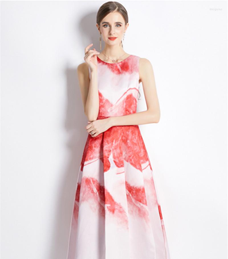 

Casual Dresses Fashion Runway Summer Midi Dress Women Tank Sleeveless Retro Print Slim High Waist Party Female Pleated A Line G513, Pink