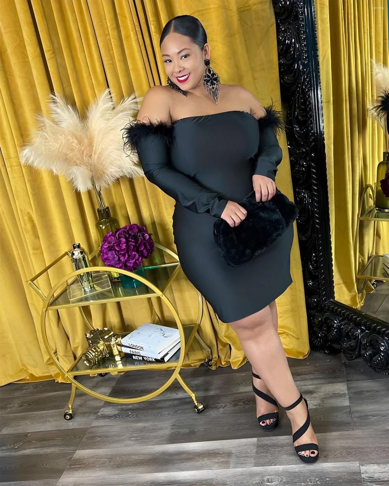

Plus Size Dresses Dress Elegant Women's For Party 2023 Solid Above Knee Mini Long Sleeve Office Lady Slim Sheath Slash Neck, Black