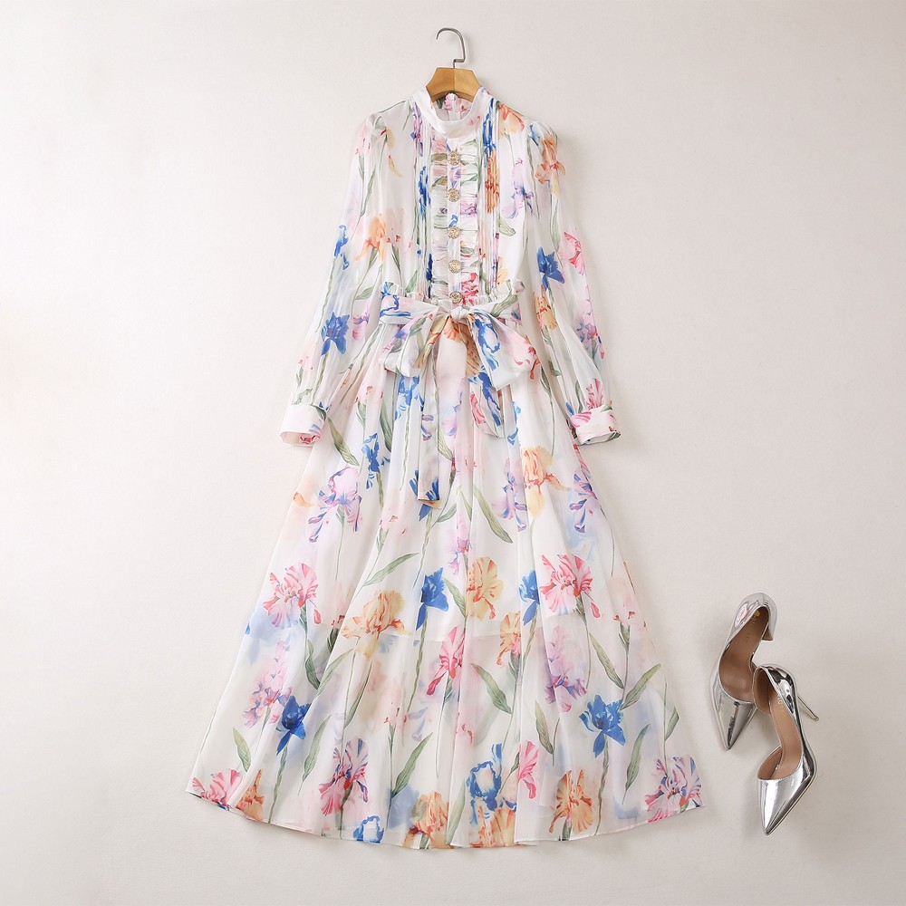

2023 Multicolor Floral Print Belted Dress Long Sleeve Stand Collar Panelled Long Maxi Casual Dresses A3A101459, Multi