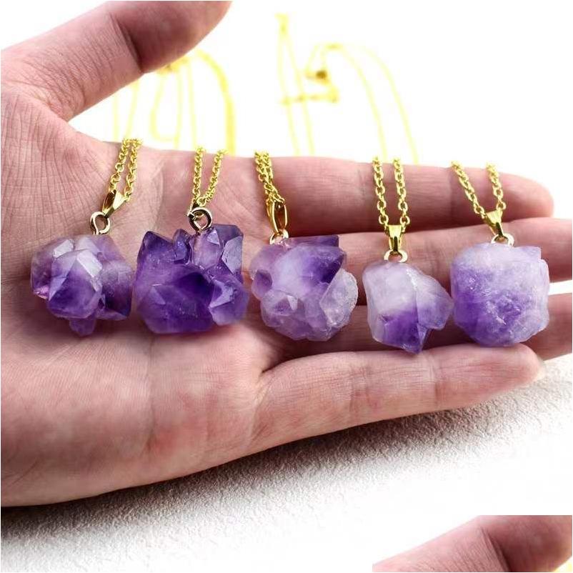

Pendant Necklaces Natural Mineral Stone Amethyst Cluster Purple Crystal Flower Necklace Wholesale Drop Delivery Jewelry Pendants Dhwft