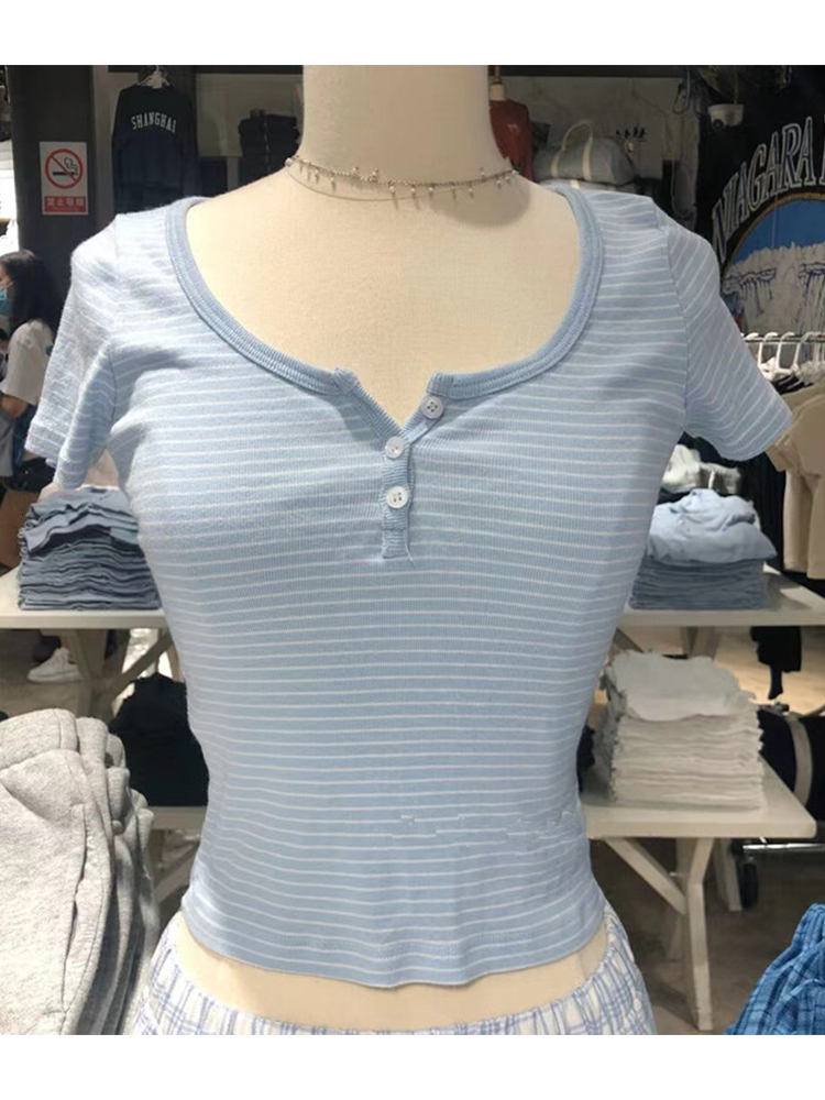 

Women s T Shirt Classic Striped Slim Crop Top Summer Button O Neck Soft Cotton Short Sleeve T shirts Chic Sweet Fashion Y2k Tops 230420, Light blue
