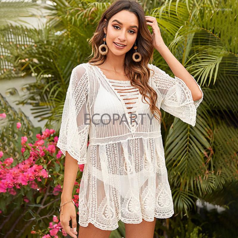 

Women's Swimwear Sexy Woman Clothes Beach Outing Hollow Short Lace Mesh Women's 2023 Bikini Swimsuit Cover Up Suit Dress, 8900-white