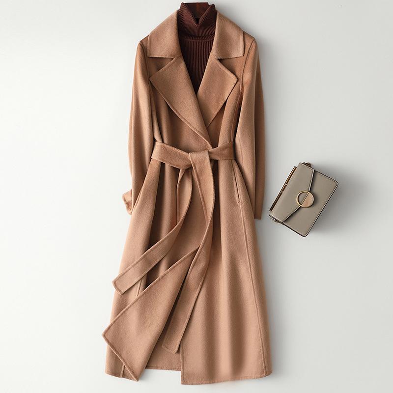 

Fur 2022 High Quality DoubleSided Wool Coat Women Autumn Winter Solid Belt Slim Cashmere Jackets Long Casual Lady Woolen Outerwear, Red