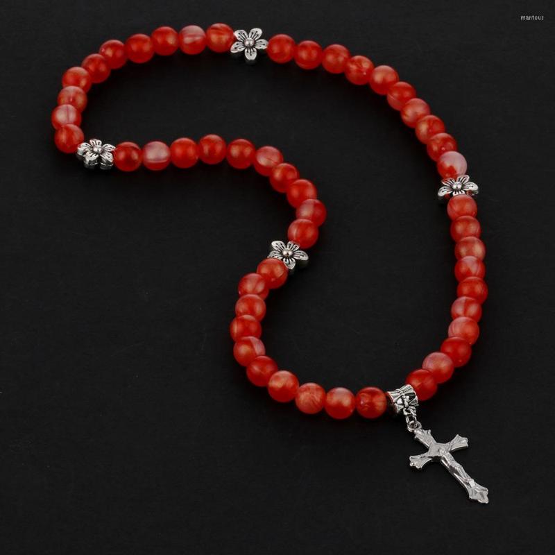 

Strand Diyalo Long Double Row Red Flower Beaded Chain Catholic Crucifix Cross Charms Rosary Bracelet Hands Holding Prayer Jewelry Gifts