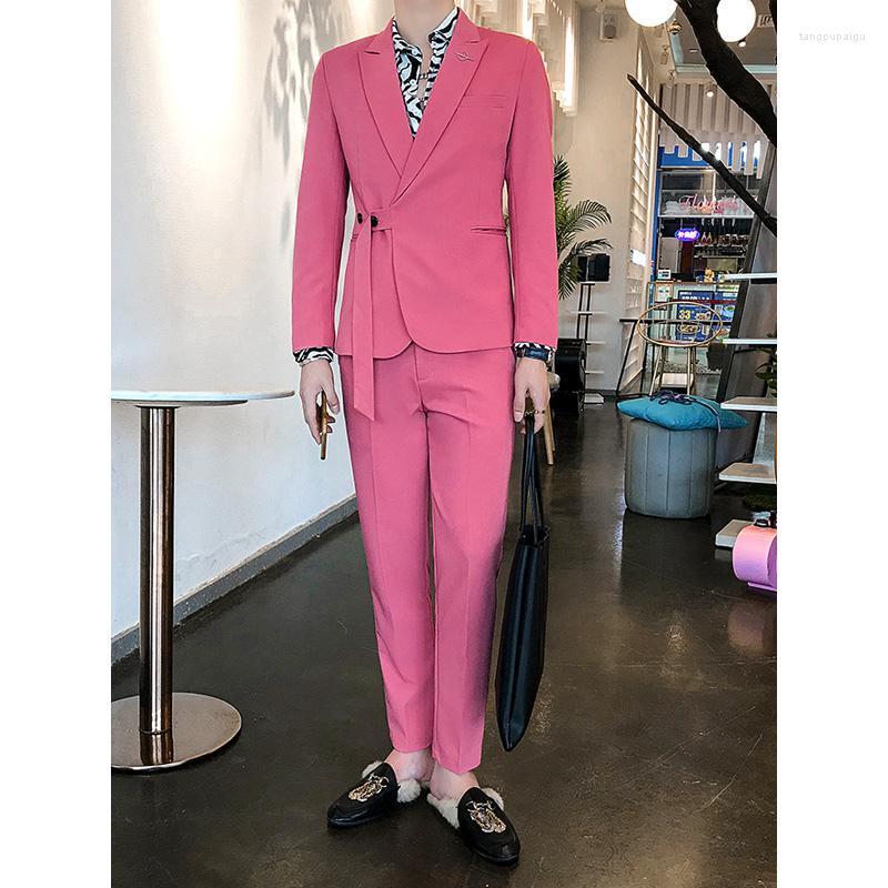

Men's Suits Suit Set Belt Slim Fit Korean 2 Piece Blazer Men Tuxedo Stylish Stage Party Club, Black