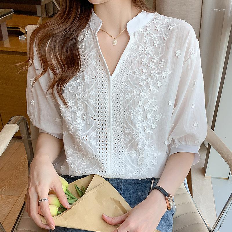 

Women' Blouses Summer Shirts Elegant V-neck Lantern Short Sleeve White Shirt Vintage Tops Hollow Fashion Cotton Female Clothes Blusas De, Lace sleeves