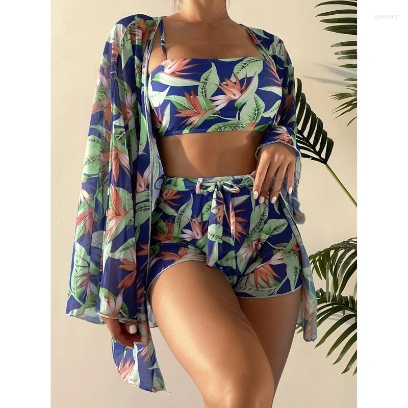 

Women' Swimwear 2023 Floral High Waist Three Pieces Bikini Set Cover Up Swimsuit For Women Long Sleeve Beach Wear Bathing Suit, Printed 3