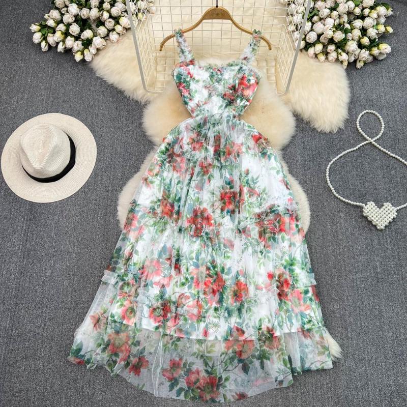 

Casual Dresses VANOVICH Sleeveless A-line Chiffon Dress Slim Waist Fashion Summer Temperament Beach Style Gauze Patchwork Camisole, Green