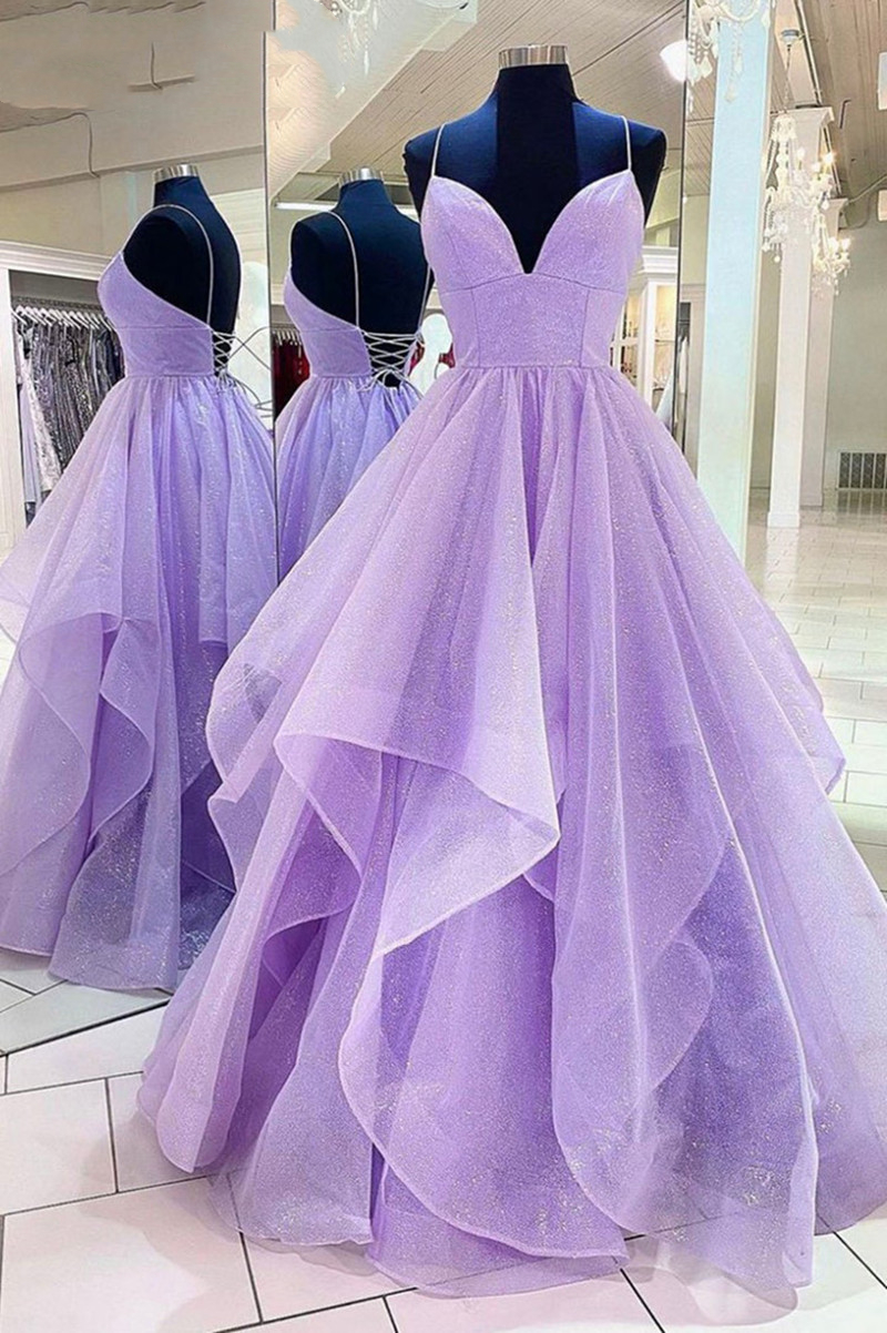 

Sequins Lavender Prom Dresses Ball Gown Deep V-Neck Spaghetti Sexy Backless Tulle Plus Size Graduation Cocktail Homecoming Party Gown 11, Purple