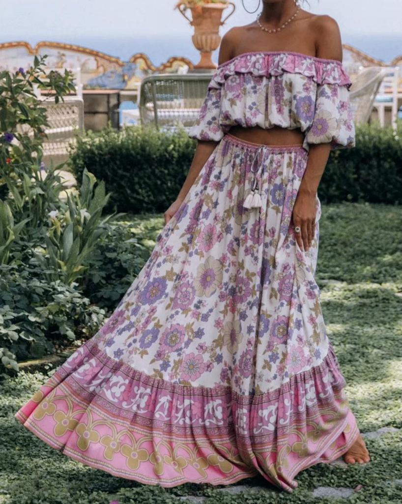 

Dress Happie Queens Women Two Piece Outfits Ruffles Long Sleeve Tops Bohemian Elastic Waist Skirts 2 Pieces Rayon Cotton Boho Sets, Top