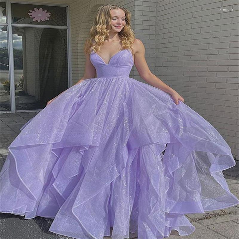 

Party Dresses Sexy V Neck Asymmetrical Train Prom Evening Spaghetti Straps A Line Lilac Glitter Tulle Girls Pageant Gowns Wear, Gray