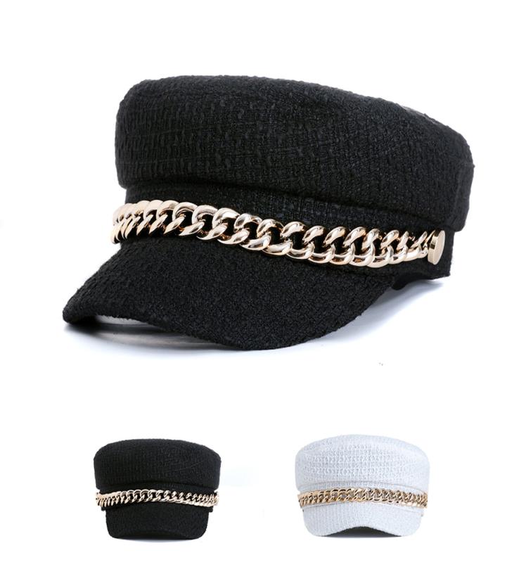 

New Women Chain Beret Hat Women Newsboy Cap Autumn Winter Hats Wool Cap Female Artist Painter Hat9924185, Black