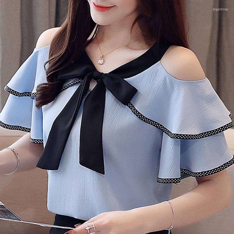 

Women' Blouses Tops Women Short Sleeve Blouse Blusas Mujer De Moda 2023 Verano V-Neck Off Shoulder Top Chiffon Shirt E762, White