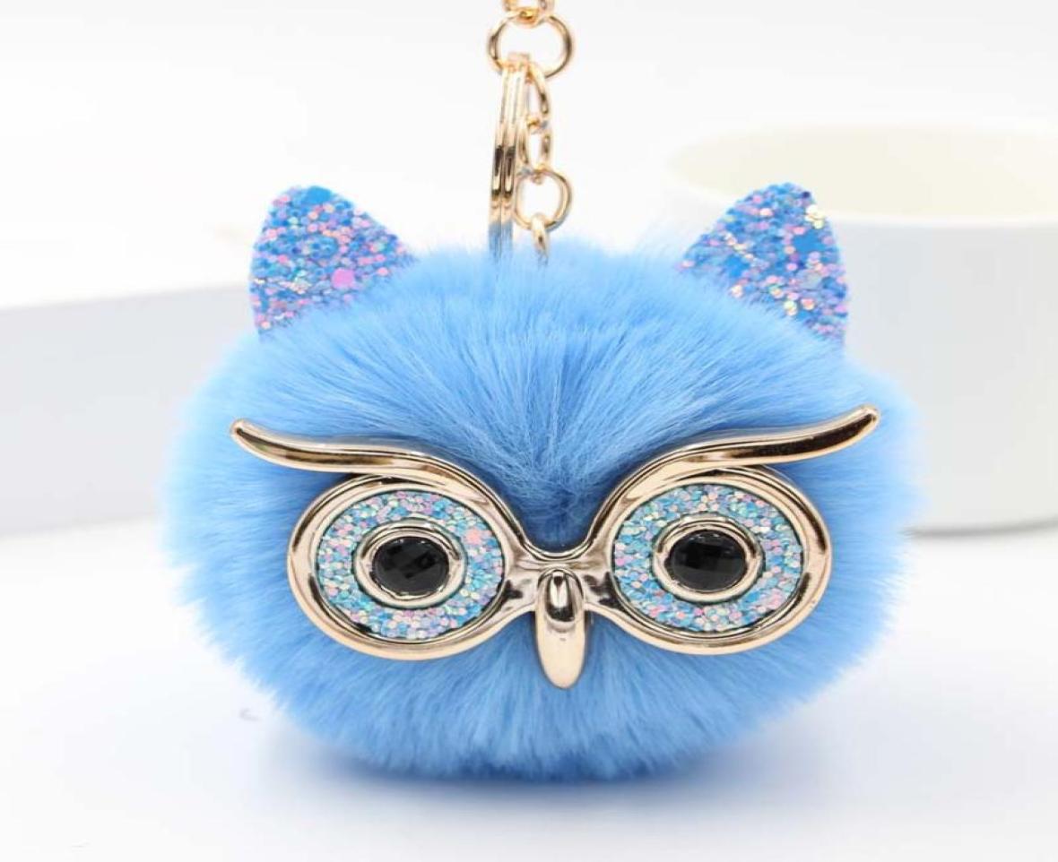 

Lovely Sequin Ear Owl Keychains For Girls Boy Fluffy Fake Animal Fur Ball Pompon Key Chain Charm Women Bag Key Ring7867644
