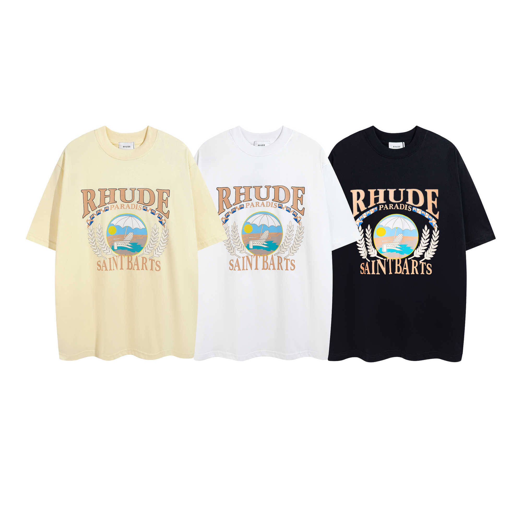 

Designer Fashion Clothing Tees TShirts Rhude Fog Summer Sunset Beach Comfortable Pattern Printed Couple Round Neck Loose Short Sleeve T-shirt Tops Streetwear, Black