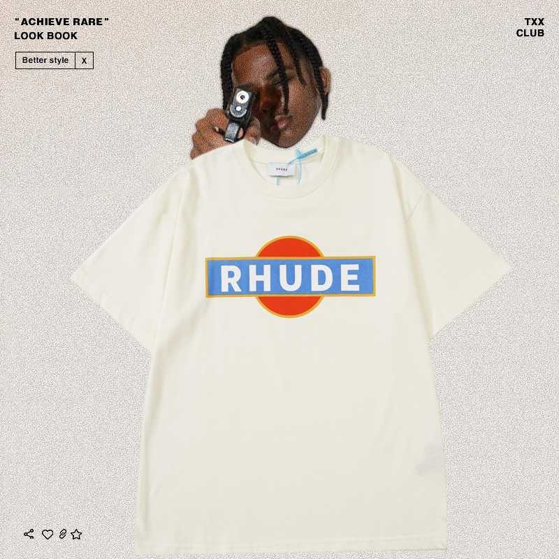 

Designer Fashion Clothing Tees TShirts Rhude High Street Summer Vintage Letter Print Racer Men's Women's Relaxed Short Sleeve T-shirt Tops Cotton Streetwear, Creamy-white