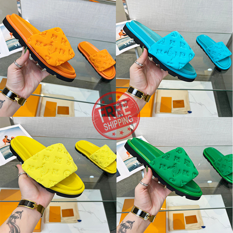 

Designers Luxury Pool Pillow Mules Women Sandals Sunset Flat Comfort Mules Padded Front Strap Slippers Genuine leather Fashionable Easy-to-wear Style Slides, Color 5