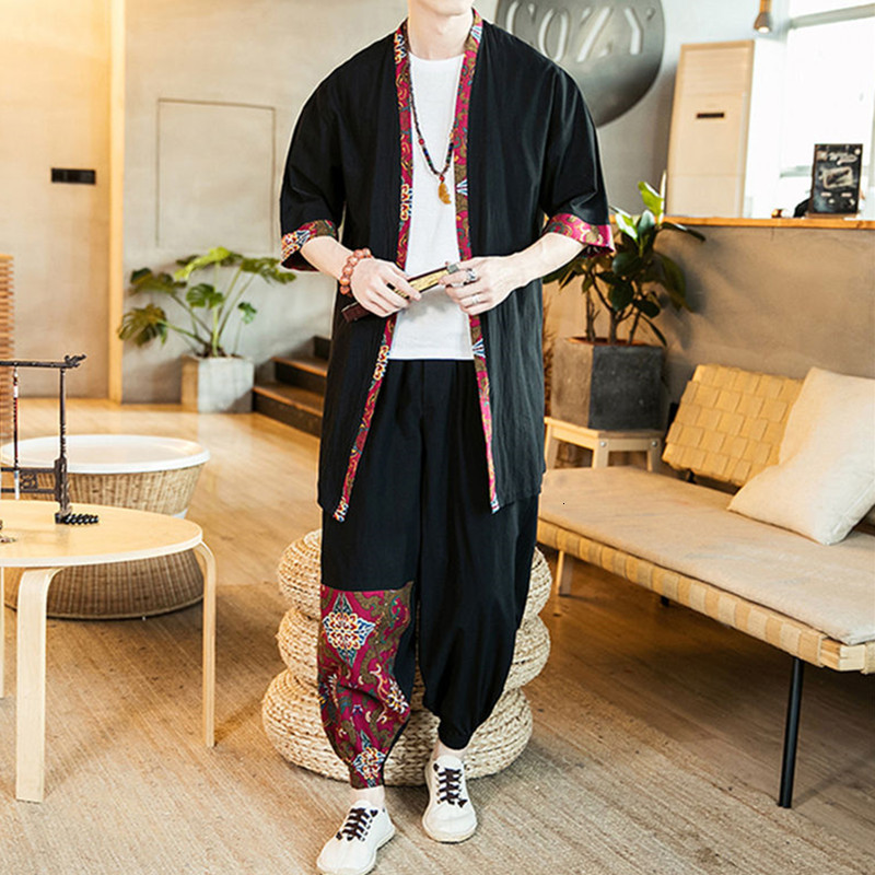 

Men's Tracksuits Japanese Style Vintage Kimono Haori Pants Set Men Traditional Harajuku Streetwear Samurai Cardigan Costume Yukata 230421, Red