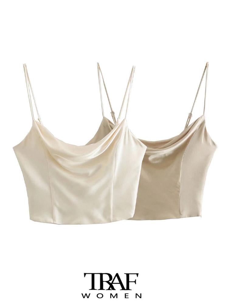 

T-Shirt TRAF Women Fashion With Cowl Neck Satin Crop Tank Tops Vintage Adjustable Thin Straps Side Zipper Female Camis Mujer, As picture