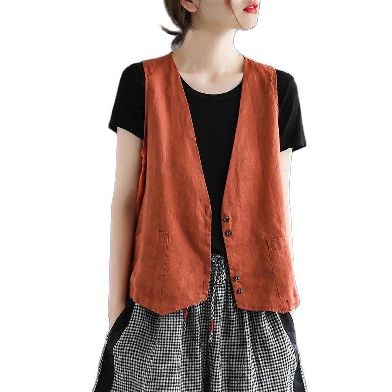 

Vests Fashion Retro Cotton Linen Vest Women's Waistcoat V Neck Loose Sleeveless Vest Coat Thin Summer Vest Tops Female Jacket 2022, Orange