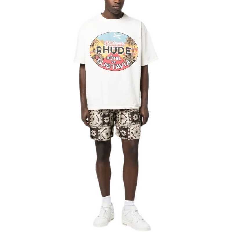 

Designer Fashion Clothing Tees TShirts 2023 Summer New Rhude High Street Coconut Tree Letter Print Loose Versatile Short Sleeve T-shirt Men Tops Cotton Streetwear, Apricot