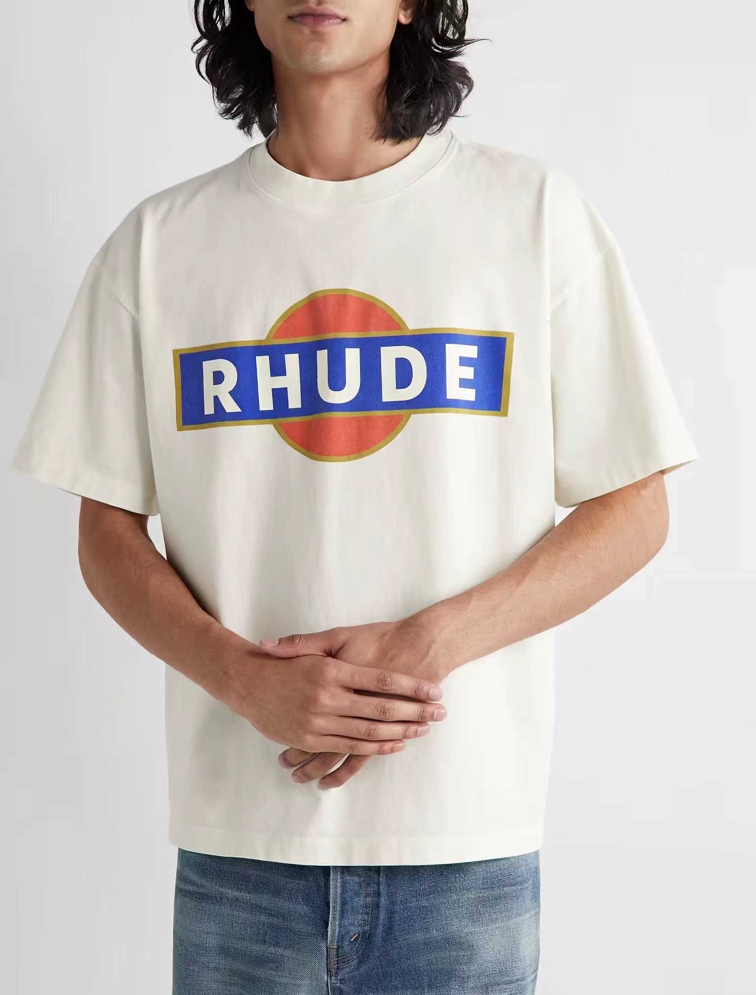

Designer Fashion Clothing Tees TShirts Rhude Summer Vintage Racer Short Sleeve T-shirt White Loose Cotton Trendy Round Neck Tops Streetwear Loose Hip hop