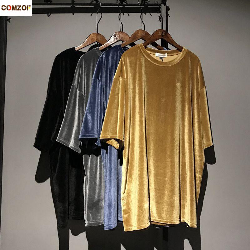 

T-Shirt New arrival women velvet t shirt short sleeve vintage loose casual tops clothing womens oversize tshirt femme camiseta mujer, Black
