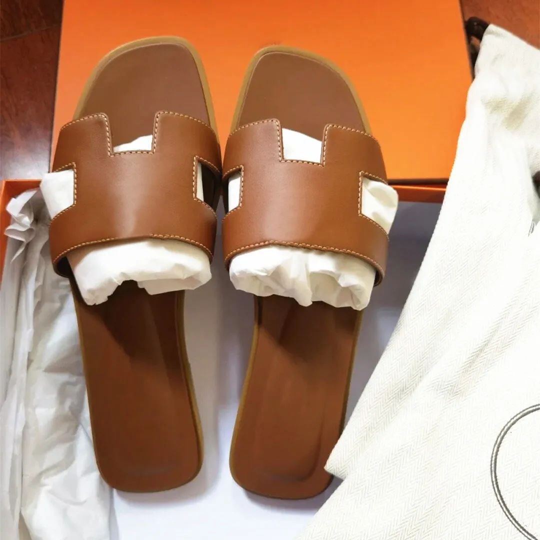 

luxury Designer Women Slippers Genuine Leather Flat Sandals 2023 Summer Fashion Beach H Letter Drag Nude Black White Brown Matte Women's Slipper 35- No Box