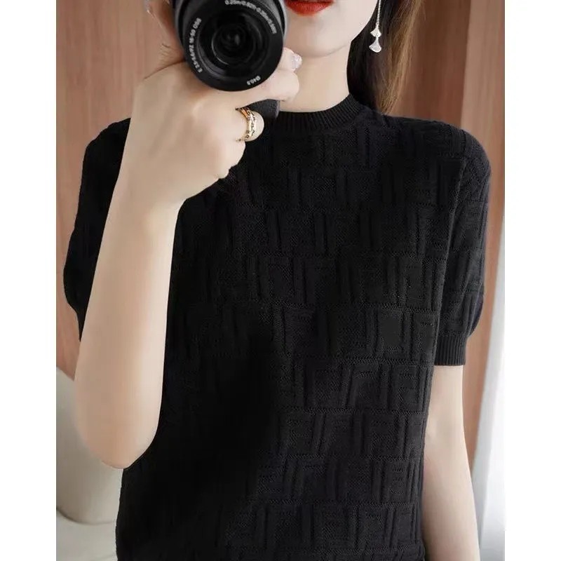 

Designer Women's T Shirts Hollowed Out Women's Knits & Tees Fashion New Retro Relief Hollowed Out Design F Ice Silk Short Sleeve Top 2023
