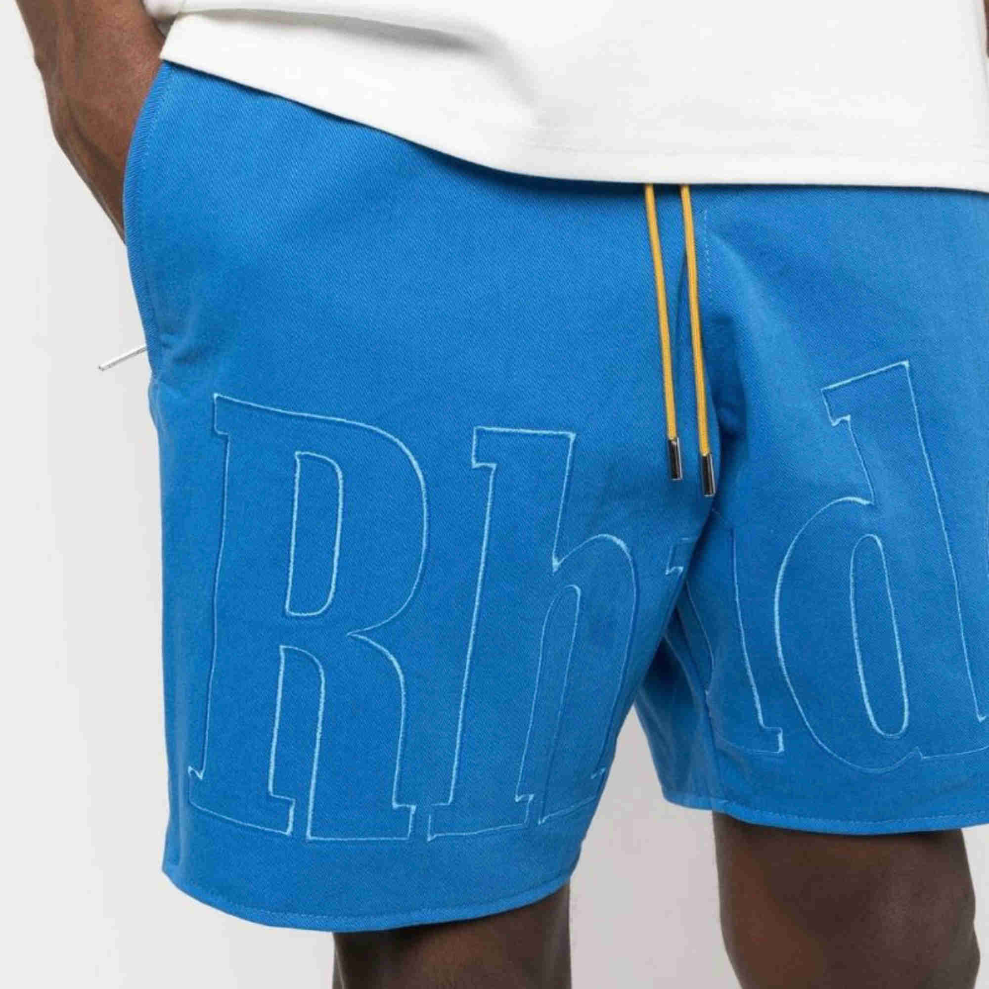 

Designer Clothing short casual Rhude Letter Embroidered Drawstring Shorts Men's Summer Cotton Loose High Street Fashion Youth Large Os Style Sports Running fitness, Blue