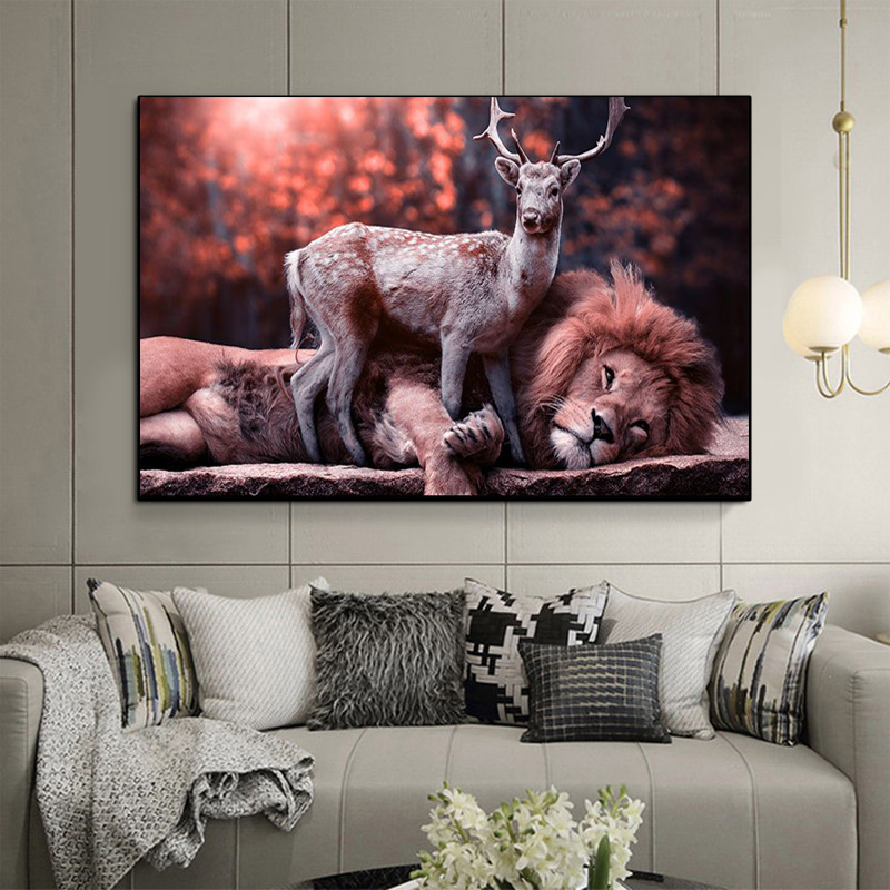 

Deer And Lion Animal Canvas Painting Poster Print Nordic Wall Art Picture For Living Room Home Decor Decoration Frameless