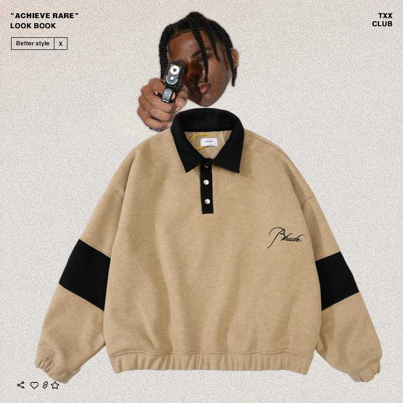 

Designer Clothing Hoodies Sweatshirts Rhude Woolen Fleece Letter Embroidery American High Street Fashion Brand Contrast Loose Relaxed Polo Sweater Coat, Shipping fee