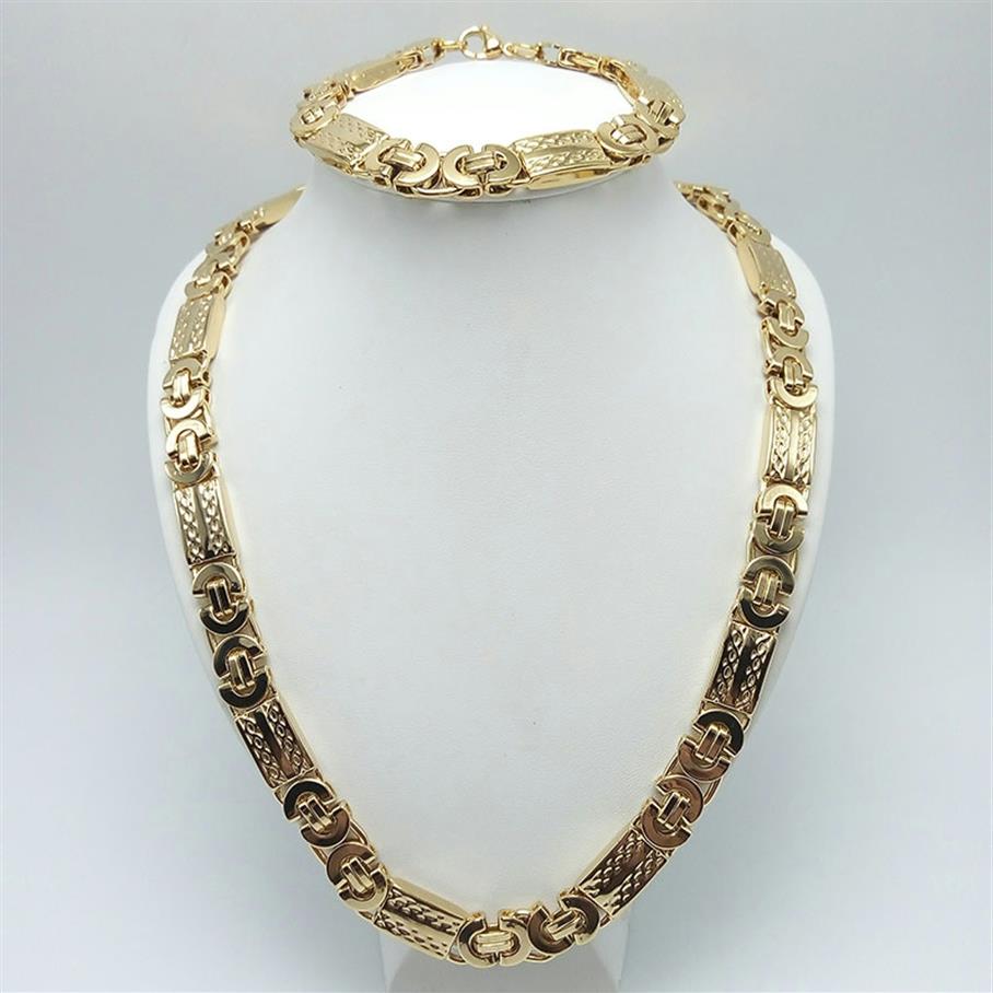 

11mm width Fashion silver stainless steel necklace and bracelet Customized 18K gold plated Flat Byzantine jewelry set for men2413
